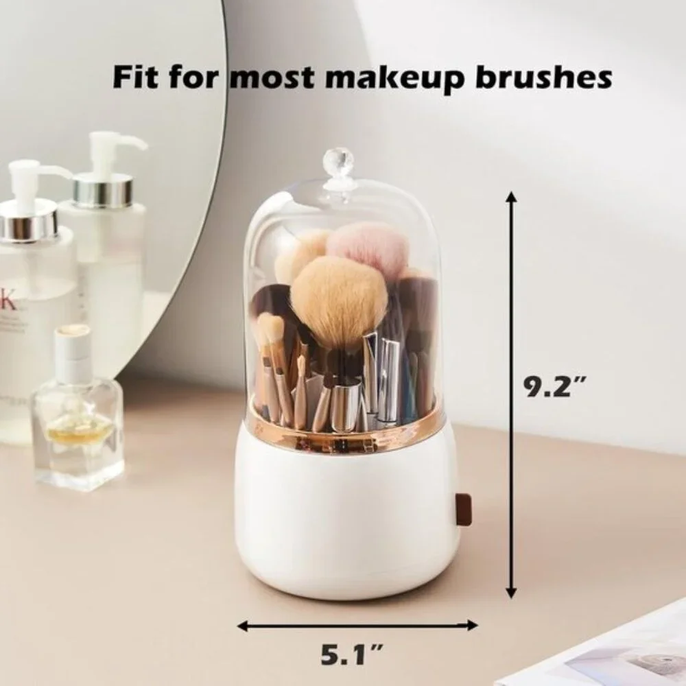 360° Rotating Makeup Brush Holder with Lid, Dustproof Organizer in Pearl White